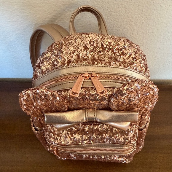 Disney Parks Loungefly Rose Gold Sequin Mini Backpack Vintage Heart Logo - Picture 3 of 11
